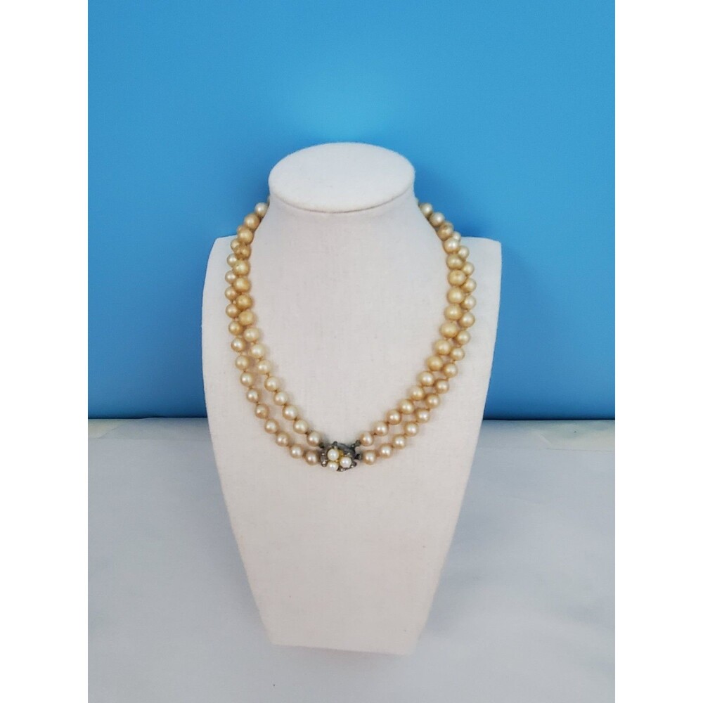 Vintage Faux Pearl Necklace Double Strand Rhinestone Accented Focal Clasp Read